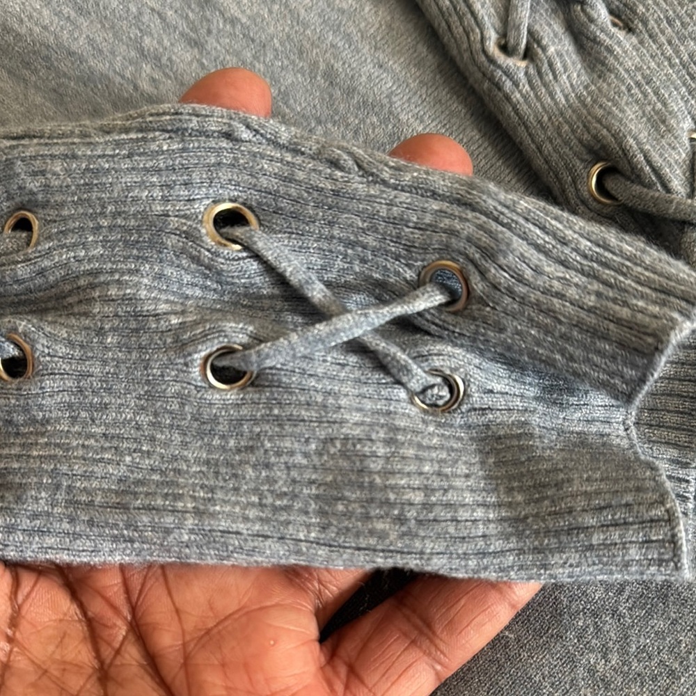 Charlie B. Heather Gray/Blueish Sweater with Lace-Up Cuffs - Picture 2 of 4